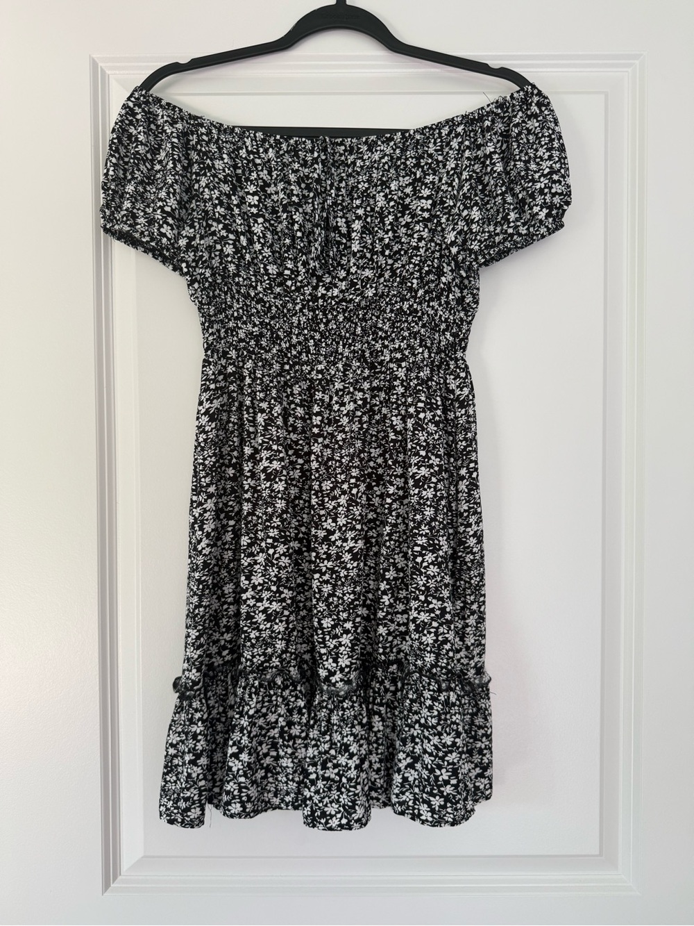 Off-Shoulder Black and White Floral Mini Dress